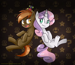 Size: 1024x878 | Tagged: safe, artist:jayivee, button mash, sweetie belle, ? block, buttonbetes, cute, diasweetes, fire flower, super mario bros., super mushroom, super star