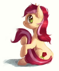 Size: 1652x2000 | Tagged: safe, artist:lis-alis, roseluck, earth pony, pony, adorarose, cute, female, fluffy, looking back, mare, sitting, smiling, solo, tail hug