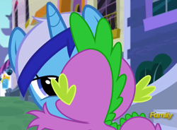 Size: 1361x1002 | Tagged: safe, artist:dashiesparkle, edit, edited screencap, screencap, minuette, spike, dragon, amending fences, bedroom eyes, discovery family logo, female, hundreds of users filter this tag, kissing, love, male, shipping, spigate, straight, vector edit