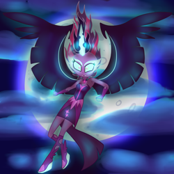 Size: 4000x4000 | Tagged: safe, artist:fallenfateadopts, midnight sparkle, sci-twi, twilight sparkle, equestria girls, friendship games, absurd resolution, clothes, cloud, dark magic, dress, fingerless gloves, floating, full moon, gloves, horn, magic, moon, night sky, solo, wings
