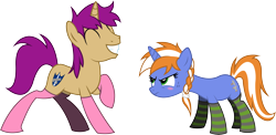 Size: 5222x2542 | Tagged: safe, artist:outlawedtofu, oc, oc only, oc:alloy shaper, oc:grit, pony, unicorn, fallout equestria, fallout equestria: wasteland economics, blushing, clothes, socks, striped socks