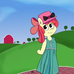 Size: 500x500 | Tagged: safe, artist:davierocket, apple bloom, anthro, barn, clothes, dress, hair bow, hat, outdoors, solo