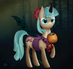 Size: 4000x3800 | Tagged: safe, artist:iamthemanwithglasses, artist:misterjuly, coco pommel, changeling, collaboration, candy, clothes, costume, mouth hold, nightmare night costume, raised hoof, solo