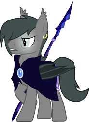 Size: 2453x3332 | Tagged: safe, artist:duskthebatpack, oc, oc only, oc:silver specter, bat pony, pony, armor, cloak, clothes, earring, frown, glare, glowing eyes, gritted teeth, male, night guard, solo, spear, stallion, weapon