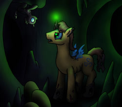 Size: 730x640 | Tagged: safe, caramel, changeling, nymph, changelingified, fanfic art, fanfic cover, transformation