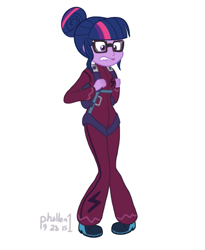 Size: 695x847 | Tagged: safe, artist:phallen1, sci-twi, twilight sparkle, equestria girls, friendship games, 30 minute art challenge, 45 minute art challenge, clothes, fear, glasses, jumpsuit, parachute, solo