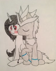 Size: 1606x2046 | Tagged: safe, artist:shadayloronic, oc, alicorn, pony, alicorn oc, crossover shipping, kissing, ponified, present, silver the hedgehog, sonic the hedgehog (series), traditional art