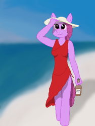 Size: 600x800 | Tagged: safe, artist:thejakevale, berry punch, berryshine, anthro, beach, booze, bottle, clothes, dress, hand, hat, pixel art