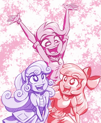 Size: 799x969 | Tagged: safe, artist:lunchie, apple bloom, scootaloo, sweetie belle, equestria girls, rainbow rocks, cheering, cutie mark crusaders, monochrome, open mouth, shine like rainbows, smiling