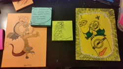 Size: 5312x2988 | Tagged: safe, artist:postitpony, discord, tree hugger, despicable me, minions, photo, sticky note, traditional art