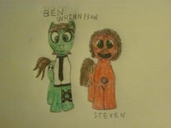 Size: 1600x1200 | Tagged: safe, bad pun, ben 10, ben tennyson, cartoon network, clothes, colored, crossover, omnitrix, pencil drawing, ponified, steven quartz universe, steven universe, text, traditional art