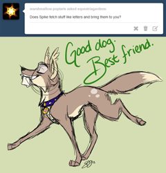 Size: 1280x1332 | Tagged: safe, artist:probablyfakeblonde, spike, dog, collar, dog collar, equestria gardens, eyes closed, fetch, good dog best friend, green background, grin, homestuck, meme, mouth hold, simple background, smiling, species swap, spike the dog