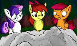 Size: 1956x1163 | Tagged: safe, artist:greenfinger, apple bloom, scootaloo, sweetie belle, oc, oc:turing test, robot, fanfic:the iron horse: everything's better with robots, cutie mark crusaders, fanfic art, rain, sheet