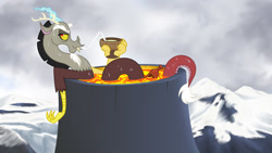 Size: 1920x1080 | Tagged: safe, artist:icelion87, discord, bath, drink, hot sauce, lava, lava bathing, solo, stupid sexy discord, volcano