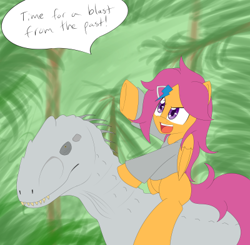 Size: 400x392 | Tagged: safe, artist:jake heritagu, scootaloo, indominus rex, jurassic world, motherly scootaloo