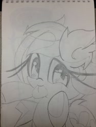 Size: 2203x2937 | Tagged: safe, artist:messenger, oc, oc only, oc:heartbeat, bat pony, pony, impossibly long eyelashes, monochrome, pencil drawing, sketch, solo, tongue out, traditional art, underhoof