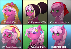 Size: 1024x709 | Tagged: safe, artist:marima15, cheerilee, earth pony, pony, 80s, 80s cheerilee, alternate costumes, alternate hairstyle, bonnet, braces, bust, clothes, cute, fashion, female, glasses, happy, hat, mare, open mouth, portrait, scarf, smiling, solo, unhappy