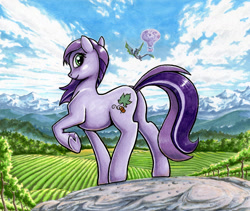 Size: 894x753 | Tagged: safe, artist:choedan-kal, oc, oc only, oc:cork dork, oc:riftwing, dragon, earth pony, pony, blushing, female, hot air balloon, looking at you, looking back, mountain, plot, raised hoof, scenery, smiling, solo, traditional art, twinkling balloon, underhoof, vineyards
