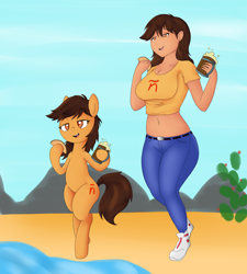 Size: 2700x3000 | Tagged: safe, artist:ekrostrance, oc, oc only, oc:maría teresa de los ponyos paguetti, human, beach, beer, cactus, curvy, empanada, human ponidox, humanized