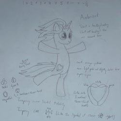 Size: 2710x2709 | Tagged: safe, artist:parclytaxel, oc, oc only, oc:ambrisett, pony, unicorn, bipedal, chaos star, cutie mark, heart, knot, knot theory, lineart, math, mechanical pencil, monochrome, reference sheet, sketch, smiling, solo, srinivasa ramanujan, standing, summation, traditional art, windswept mane, wip