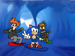 Size: 920x693 | Tagged: safe, artist:therealfry1, button mash, crossover, futurama, philip j. fry, snowboarding, sonic the hedgehog, sonic the hedgehog (series)