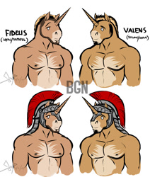 Size: 762x900 | Tagged: safe, artist:bgn, oc, oc:fidelis, oc:valens, anthro, unicorn, bust, helmet, male, muscles, portrait, royal guard