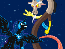 Size: 520x390 | Tagged: safe, artist:the-nose, discord, nightmare moon, antagonist, doodle or die, fight, night, sky, stars