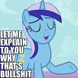 Size: 500x500 | Tagged: safe, screencap, minuette, amending fences, bullshit, caption, eyes closed, image macro, let me tell you why that's bullshit, meme, open mouth, raised hoof, reaction image, solo, vulgar