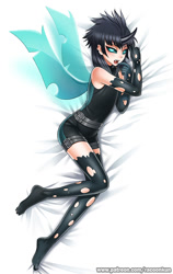 Size: 700x1106 | Tagged: safe, artist:racoonsan, thorax, changeling, human, the times they are a changeling, ambiguous gender, androgynous, body pillow, body pillow design, clothes, evening gloves, feet, femboy, gloves, horned humanization, humanized, lying down, male, male feet, on side, shirt, shorts, solo, stockings, t-shirt, torn clothes, winged humanization