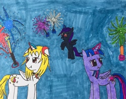 Size: 878x690 | Tagged: safe, artist:ask-luciavampire, oc, oc only, alicorn, pony, vampire, vampony, alicorn oc, blank flank, fireworks, group, sisters, traditional art, tumblr, tumblr:ask-luciavampire