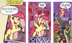 Size: 940x565 | Tagged: safe, edit, idw, apple bloom, babs seed, big macintosh, granny smith, earth pony, pony, friends forever, spoiler:comic, spoiler:comicff2, apple, apple bloom's bad joke, exploitable meme, image macro, male, meme, microphone, stage, stallion, stand-up comedy, stool, water bottle