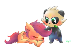 Size: 710x503 | Tagged: safe, artist:phyllismi, scootaloo, crossover, pancham, pixiv, pokémon, solo