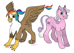 Size: 600x431 | Tagged: safe, artist:fantasyinsanity, oc, oc only, oc:quartz horn, oc:rainbow feather, crystal pony, griffon, pony, unicorn, equal cutie mark, equalized, interspecies offspring, magical lesbian spawn, offspring, parent:gilda, parent:rainbow dash, parents:gildash, smiling