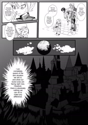 Size: 1731x2449 | Tagged: safe, artist:0ryomamikado0, apple bloom, big macintosh, granny smith, spike, human, comic:doki doki harmony, black and white, castle, comic, grayscale, humanized, lecture, monochrome, moon, scales, tailed humanization