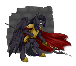 Size: 1600x1400 | Tagged: safe, artist:junkyardgypsy, artist:whipstitch, oc, oc only, oc:rome silvanus, pegasus, pony, armor, multicolored hair, solo, spear, weapon, wings