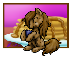 Size: 620x484 | Tagged: safe, artist:black--glitter, oc, oc only, oc:cookie crumble, cookie pony, food pony, original species, blueberry, pancakes