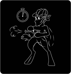 Size: 768x800 | Tagged: safe, artist:galgannet, earth pony, pony, fallout equestria, fallout equestria: the rovers, cowboy, cowboy hat, gun, hat, monochrome, revolver, solo, vault boy, weapon