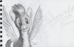 Size: 1280x820 | Tagged: safe, artist:harricmills, soarin', monochrome, pencil drawing, solo, traditional art