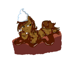 Size: 2449x2449 | Tagged: safe, artist:kunoichipikachu, oc, oc only, oc:cookie crumble, food pony, original species, annoyed, brownies, chocolate sauce, simple background, transparent background