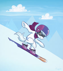 Size: 1062x1200 | Tagged: safe, artist:erysz, double diamond, the cutie map, clothes, goggles, scarf, skiing helmet, snow, snowboard, solo