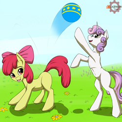 Size: 1000x1000 | Tagged: safe, artist:twotail813, apple bloom, sweetie belle, ball, rcf community