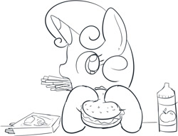 Size: 826x634 | Tagged: safe, artist:mcsadat, sweetie belle, apple juice, burger, eating, food, french fries, grayscale, juice, monochrome, solo