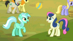 Size: 502x285 | Tagged: safe, screencap, bon bon, caramel, carrot top, cloud kicker, golden harvest, lucky clover, lyra heartstrings, sweetie drops, party pooped, adorabon, animated, ball, best friends, bon bon is amused, cropped, cute, duo focus, happy, lyra is amused, lyrabetes, playing, smiling