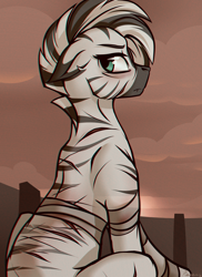 Size: 1024x1408 | Tagged: safe, artist:whitepone, oc, oc only, oc:xenith, zebra, fallout equestria, bandage, chromatic aberration, fanfic, fanfic art, female, looking back, mare, sitting, solo, zebra oc