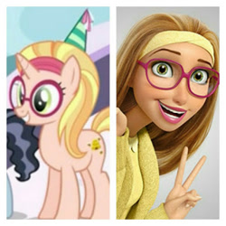 Size: 346x346 | Tagged: safe, booksmart, honey lemon, pony, unicorn, big hero 6, bookseller, glasses, looking at you, peace sign, ponified, reference, smiling