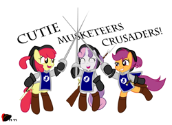 Size: 1375x1000 | Tagged: safe, artist:ggumbaramggun, apple bloom, scootaloo, sweetie belle, cutie mark crusaders, musket, musketeer, sword, the three musketeers