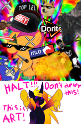 Size: 1500x2300 | Tagged: safe, artist:sherradestrix, scootaloo, oc, oc:comet blaze, alicorn, pony, alicorn oc, chickun, exploitable meme, faic, forced meme, meme, mlg, this is art