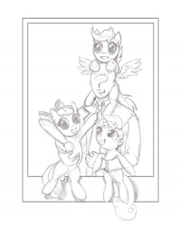 Size: 1269x1598 | Tagged: artist needed, safe, apple bloom, scootaloo, sweetie belle, oc, oc:anon, earth pony, human, pegasus, pony, unicorn, clothes, female, filly, fourth wall, monochrome, necktie, photo, polygamy, sketch, traditional art, wip