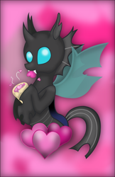 Size: 1970x3044 | Tagged: safe, artist:flashquatsch, changeling, cute, eating, heart, solo