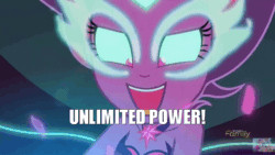 Size: 800x450 | Tagged: safe, edit, edited screencap, screencap, midnight sparkle, sci-twi, twilight sparkle, equestria girls, friendship games, animated, darth sidious, emperor palpatine, evil laugh, laughing, mane six opening poses, meme, midnight sparkle's lines, revenge of the sith, science in the comments, solo, star wars, unlimited power